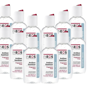 Twelve 50ml INEOS pocket hand sanitiser gel bottles arranged together.