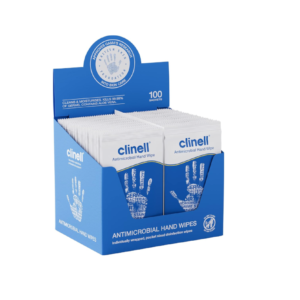 A pack of 100 individually wrapped Clinell antimicrobial hand wipe sachets.