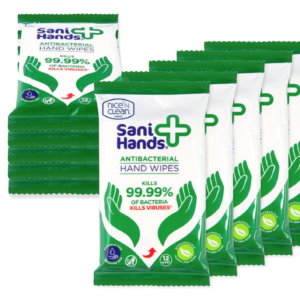 Ten packs of Sani Hands anti‑bacterial hand wipes, each containing 12 biodegradable sachets.