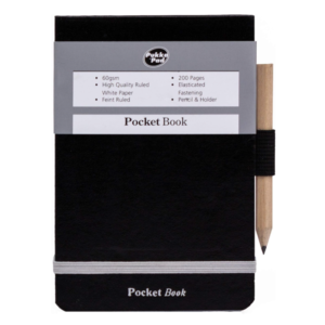 A black A7 Pukka Pad pocket notebook with an elasticated closure and attached pencil.