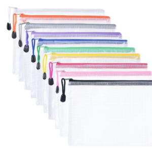 Ten A5 Vicloon mesh plastic zip‑lock document wallets in assorted colours.