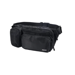 A black Eono water‑resistant bum bag with multiple zip pockets and an adjustable strap.