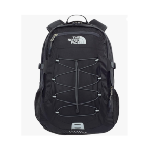 A black North Face Borealis backpack with front bungee cord, multiple compartments, and padded straps.