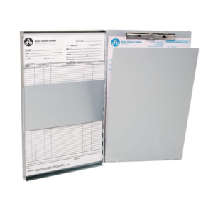 An A4 Westcott aluminium form holder with inner clipboard and side‑opening storage compartment.