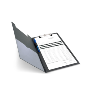 A black Rapesco A4+ foldover clipboard with a clear internal pocket.