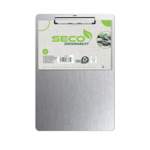 A silver SECO A4 aluminium clipboard with a heavy‑duty clip and smooth writing surface.