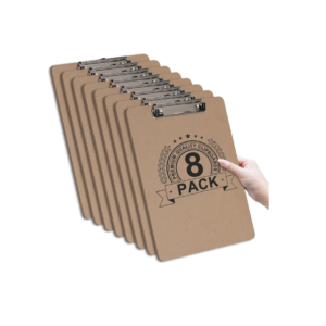 Eight A4 wooden clipboards with heavy‑duty metal clips and brown fibreboard bases.