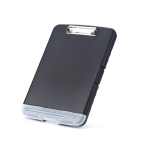 A black A4 plastic storage clipboard with a strong clip, snap closure, and built‑in pen holder.