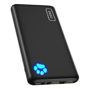 A slim black INIU 10000mAh power bank with USB‑C and USB‑A ports.