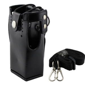 A black PU leather walkie‑talkie holster with belt loops and adjustable straps.