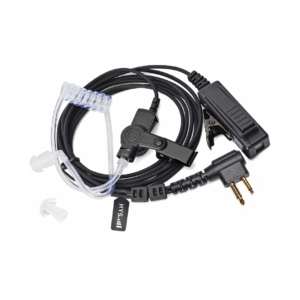 A covert acoustic tube earpiece with PTT mic and clear tube for Motorola radios.