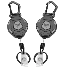 Two heavy‑duty retractable keychains with carabiner clips and steel cords.