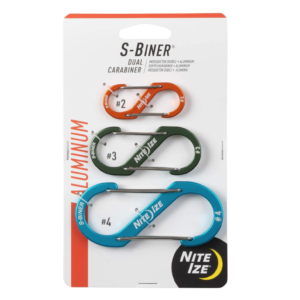 Three small aluminium S‑shaped carabiners with dual stainless‑steel gates in assorted colours.