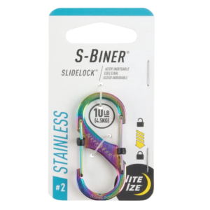 A small stainless‑steel S‑shaped carabiner with two locking gates in a spectrum finish.