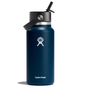 A 32oz indigo Hydro Flask water bottle with a wide mouth and Flex Straw Cap.