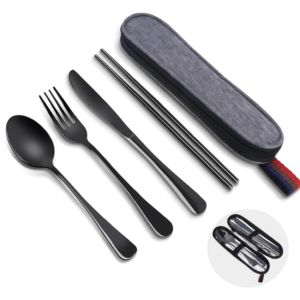 A stainless steel travel cutlery set with fork, knife, spoon, chopsticks, and a carry case.