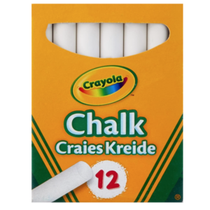 A box of 12 white Crayola chalk sticks designed for chalkboards.