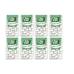 Eight packs of Tic Tac Fresh Mint sweets in clear plastic flip‑top boxes.