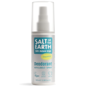 A 100ml bottle of Salt of the Earth unscented natural deodorant spray with a clear refillable design.