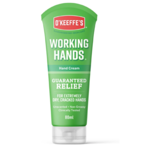 A green 80ml tube of O’Keeffe’s Working Hands hand cream standing upright.