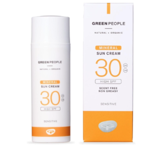 A 50ml white and green tube of Green People Mineral Sun Cream SPF30.