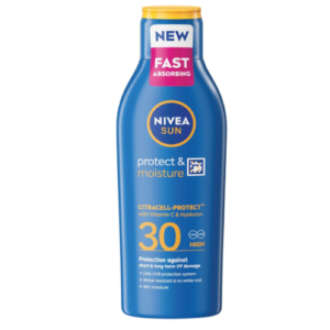 A 200ml blue bottle of NIVEA SUN Protect & Moisture SPF30 sun lotion.