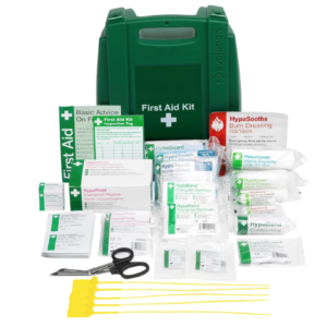 A compact green workplace first aid kit with a wall‑mounting bracket, inspection tags and extra plasters.