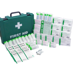 A green HSE‑style first aid kit with a carry handle, labelled for 21–50 people.