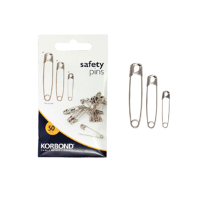 A pack of 50 silver nickel‑plated safety pins displayed on Korbond packaging.