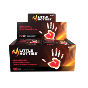 A pack of Little Hotties disposable hand warmers in black and red packaging.