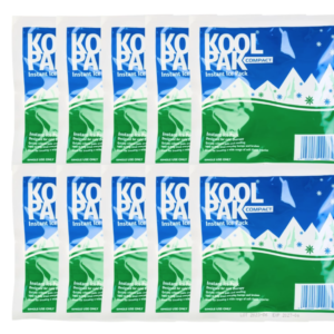 A stack of compact 15×15cm Koolpak instant ice packs in blue and white packaging.