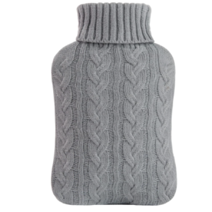 A grey 2‑litre hot water bottle with a soft knitted cover and wide‑mouth opening.