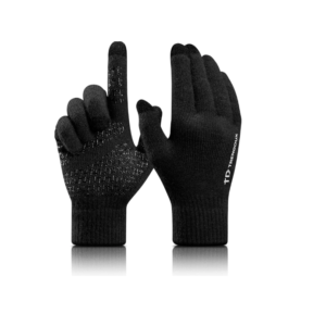 A pair of black knit winter gloves with touchscreen fingertips and anti‑slip palm detailing.