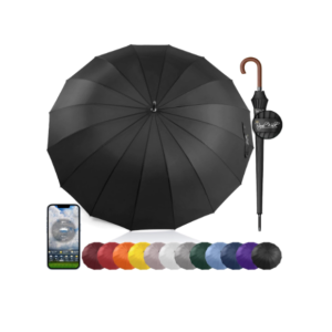 A large black umbrella with a curved wooden handle and 16‑rib frame.