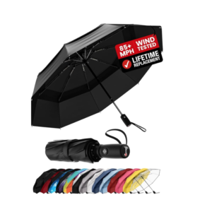 A compact black travel umbrella with a reinforced frame and automatic open/close button.