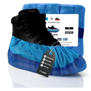 Blue waterproof reusable shoe covers with elastic cuffs and textured non‑slip soles.