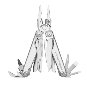 A stainless steel Leatherman Surge multi‑tool opened to show pliers and multiple tool attachments.