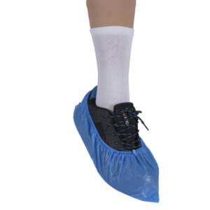 Blue extra‑large disposable shoe covers with elastic cuffs and textured soles.