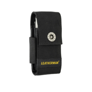 A black nylon Leatherman sheath with a front flap and side pockets.