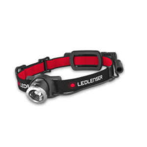 A black Ledlenser H8R headlamp with an adjustable strap and front LED unit.
