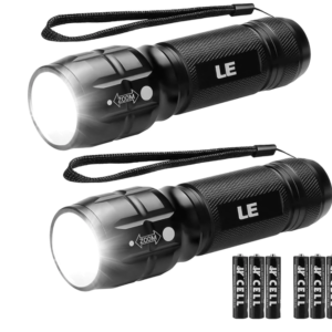 Two small black aluminium LED torches with textured grip and adjustable focus.