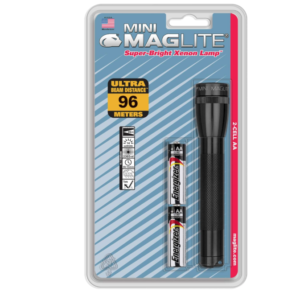 A black Maglite Mini Mag AA torch in its blister packaging.