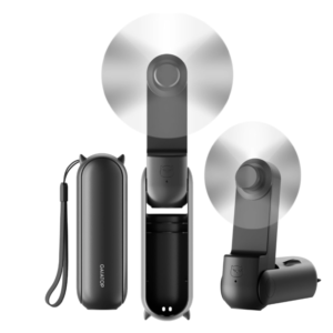 A small black foldable handheld fan with a slim body and USB charging port.