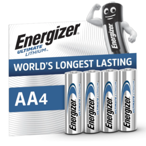 A 4‑pack of Energizer Ultimate Lithium AA batteries in retail packaging.