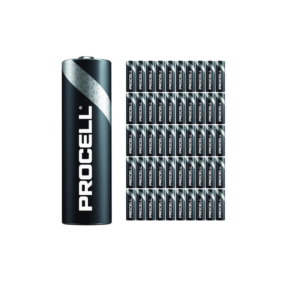 A bulk box of 50 Duracell Procell AA industrial batteries.