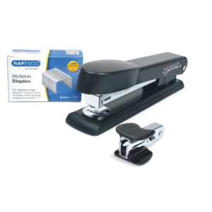 A black Rapesco Marlin stapler with a soft‑feel top, staple remover and a box of staples.