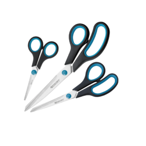Three black Westcott Easy Grip scissors in different sizes with soft‑grip handles.