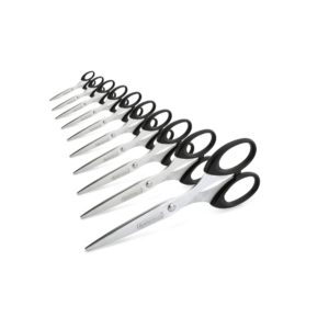 Ten black‑handled 16cm Rapesco scissors arranged together.