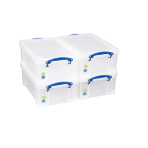 Four clear 9‑litre plastic storage boxes with clip‑lock lids.
