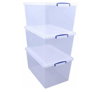 Three large clear 83‑litre storage boxes with clip‑lock lids.